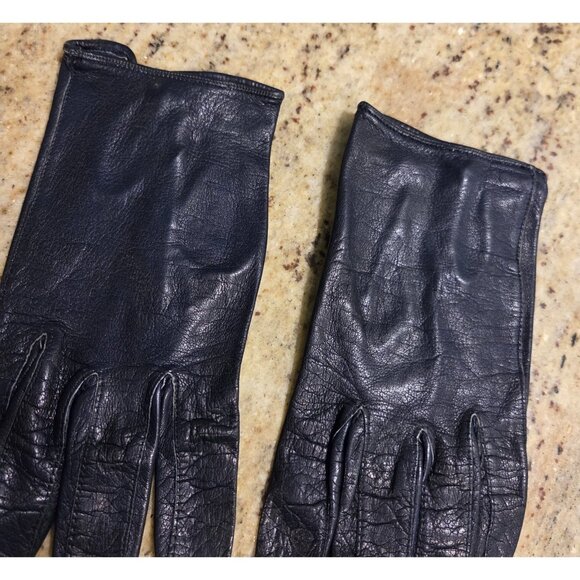 Vintage Womens Size S Blue Leather Formal 7" Short Gloves Pearly Button - Picture 4 of 14